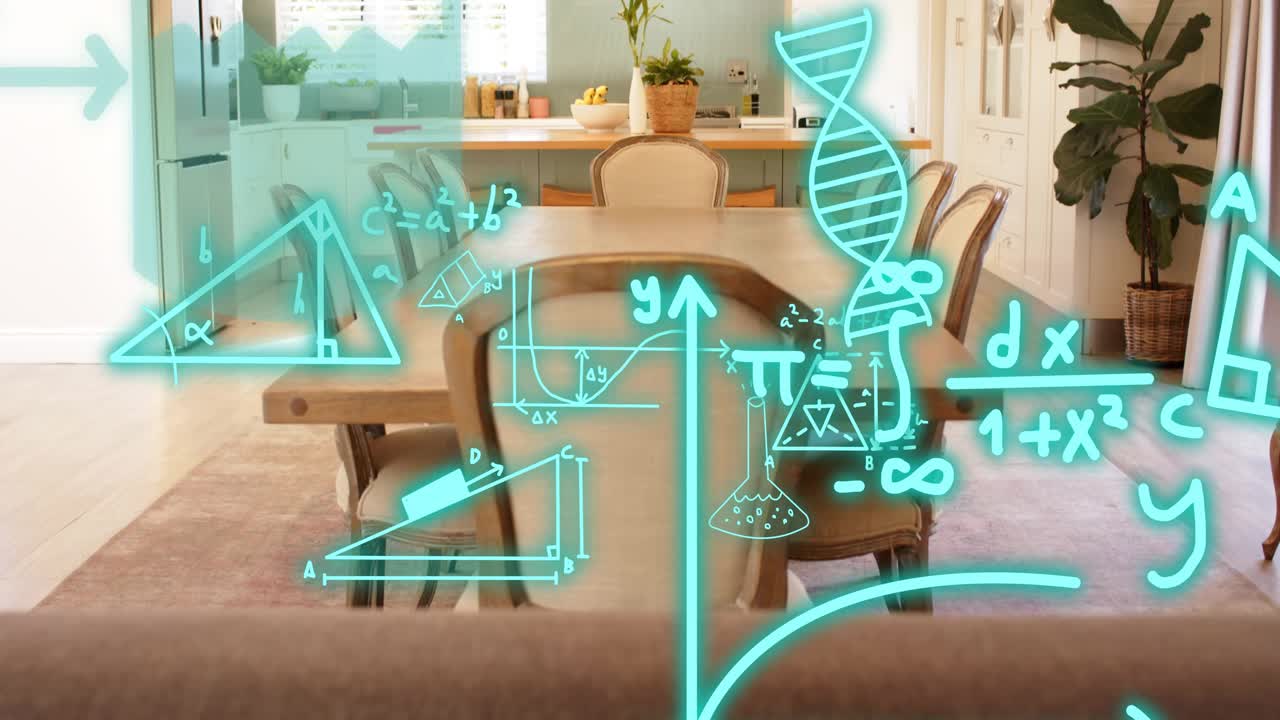 Small teal hex appearing, wooden table and central chair attracting 3D overlay showing STEM data