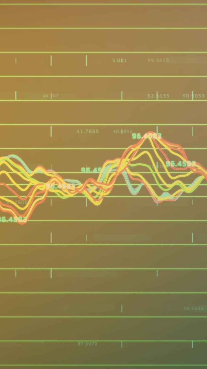 Animazione di elaborazione dati su sfondo arancione e verde.