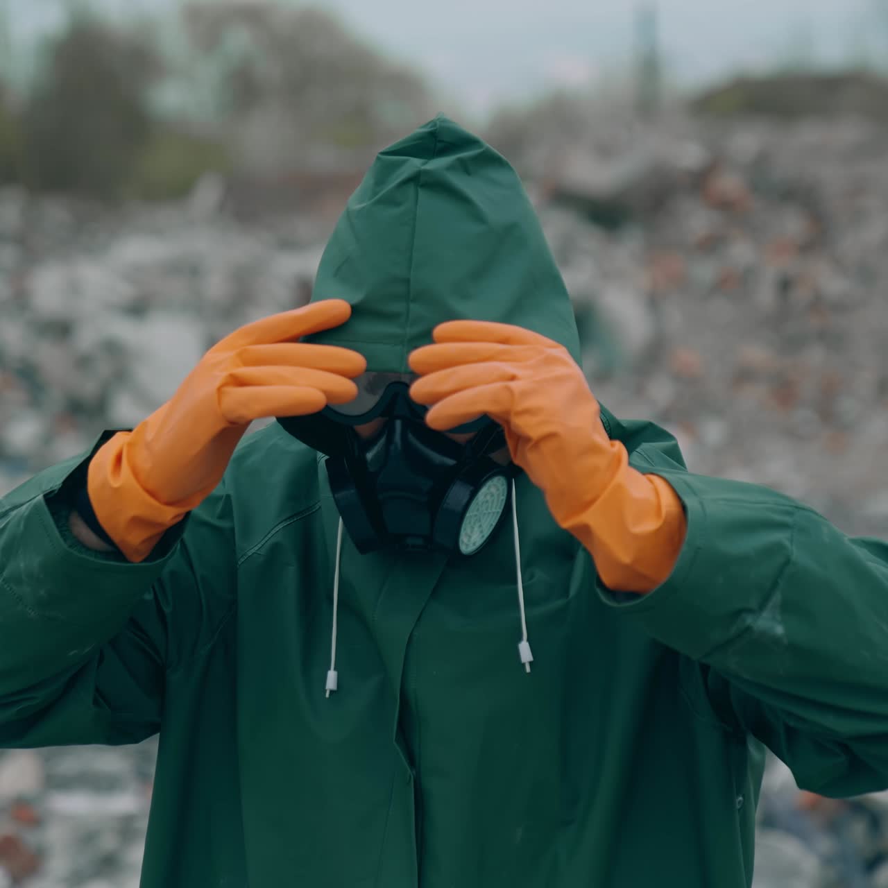 Man standing in apocalyptic city. Apocalypsis town destruction