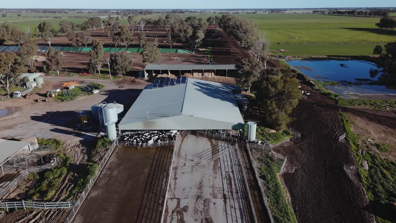 Toma cenital cinematográfica en 4K con dron de una granja lechera rotativa
