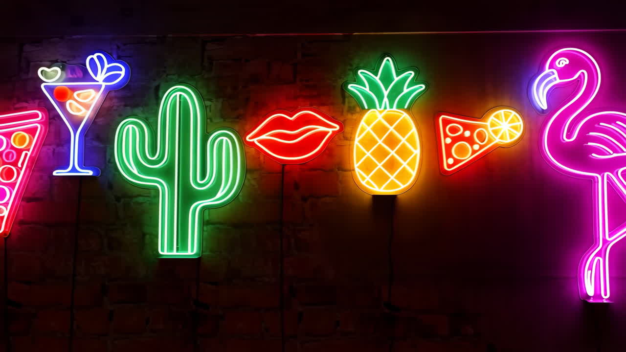 Insegne al neon vivaci su una parete di mattoni con motivi estivi e da festa