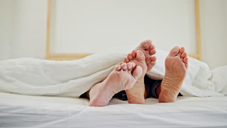 couple, feet or bed sleep for relax morning