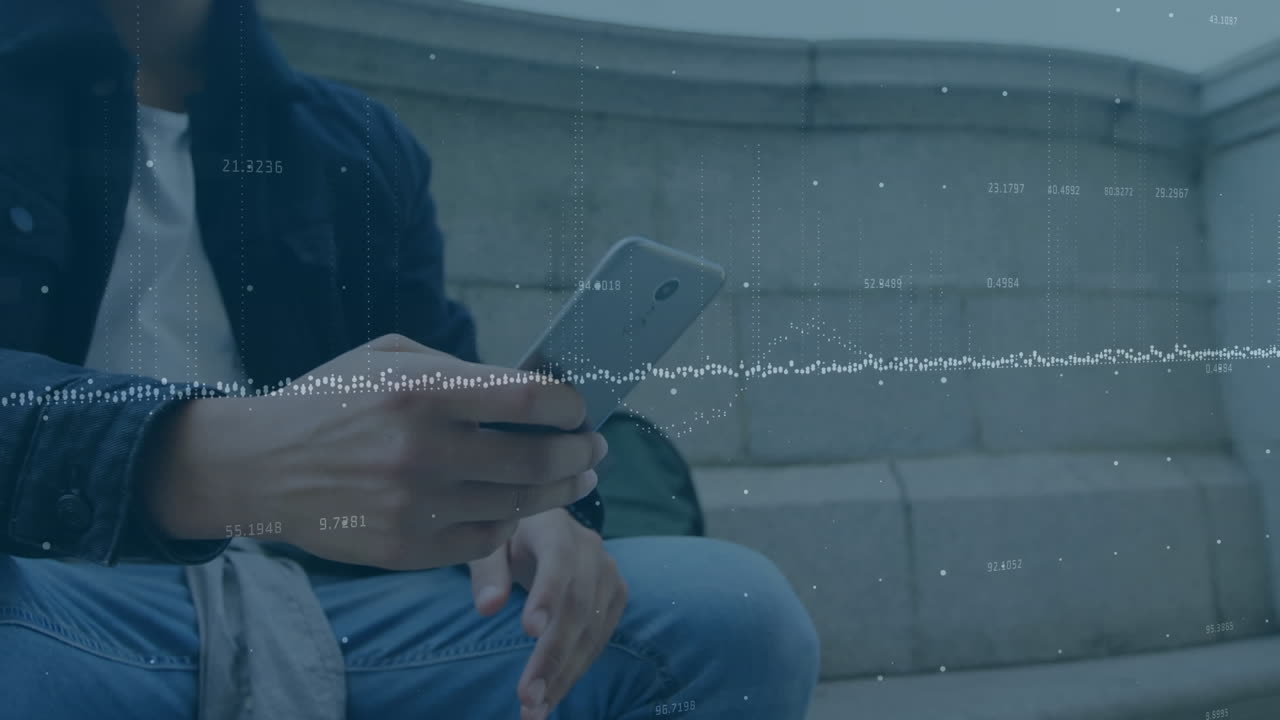 Animation of data processing against biracial man using smartphone sitting on the stairs