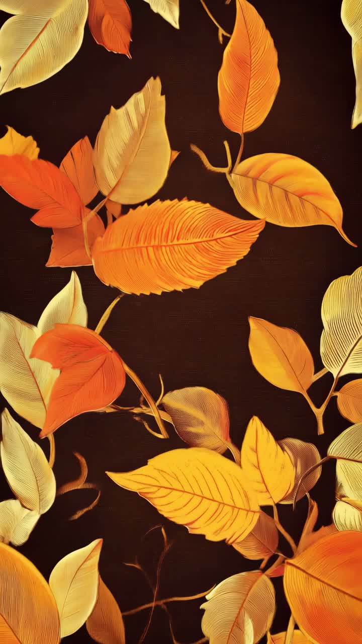 Top-down view of autumn leaves in warm hues on a dark background, creating a vibrant, seasonal