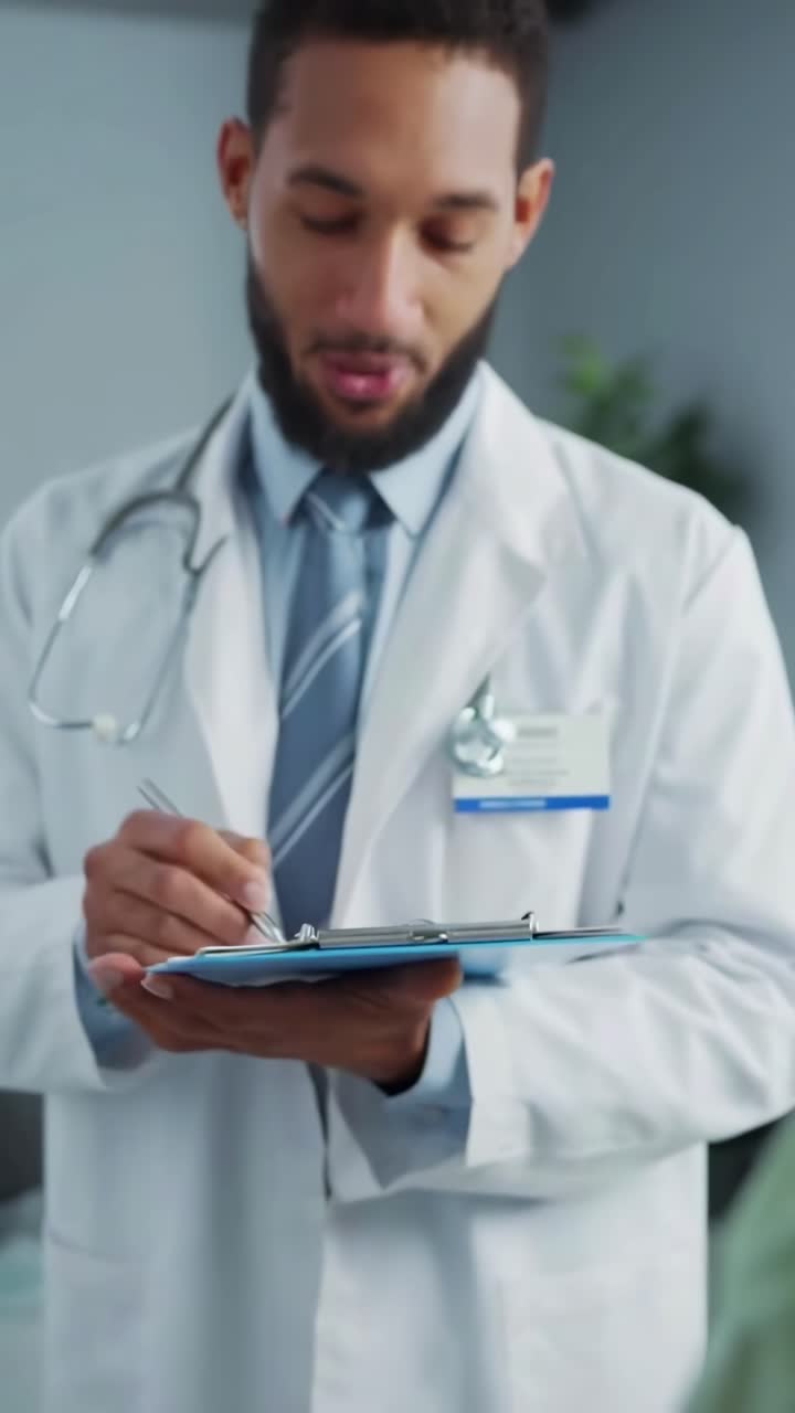 A mid-shot video of a doctor writing on a clipboard, conveying professionalism and care