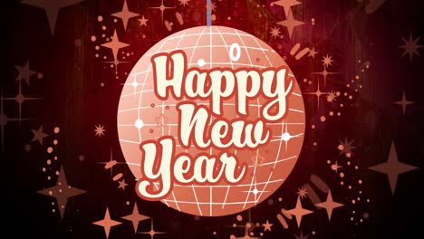 Animation-of-happy-new-year-text-in-cream,-on-orange-disco-ball-over-orange-stars