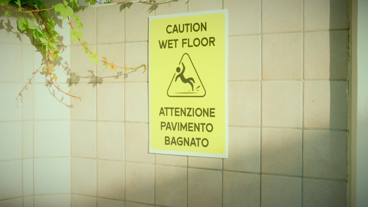 Yellow warning sign posted on tiled wall, caution wet floor, bilingual English and Italian, in Rimini street during calm early morning hour