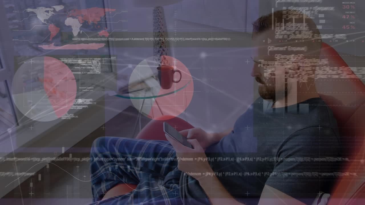 Animation of financial data processing over caucasian man using smartphone