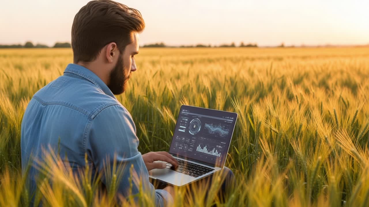 A focused individual analyzes data on a laptop amidst a beautiful golden wheat field during sunset, blending technology with nature in a serene environment