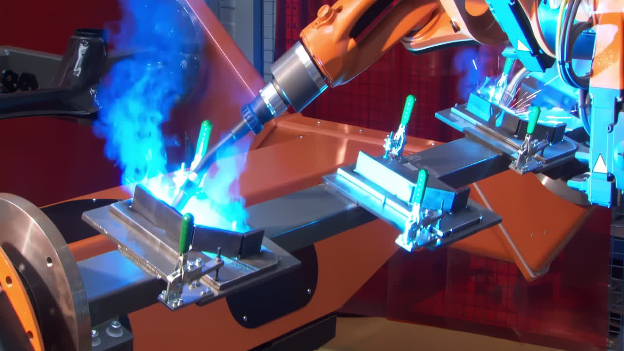 Synchronized Two Robotic Arms Welding in High-Tech Industrial Structure Setting with Precision and Power, automated machinery in operation, symbolizing modern manufacturing efficiency