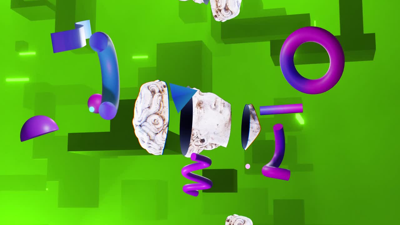 анимация античных скульптурных голов над формами на зеленом фоне