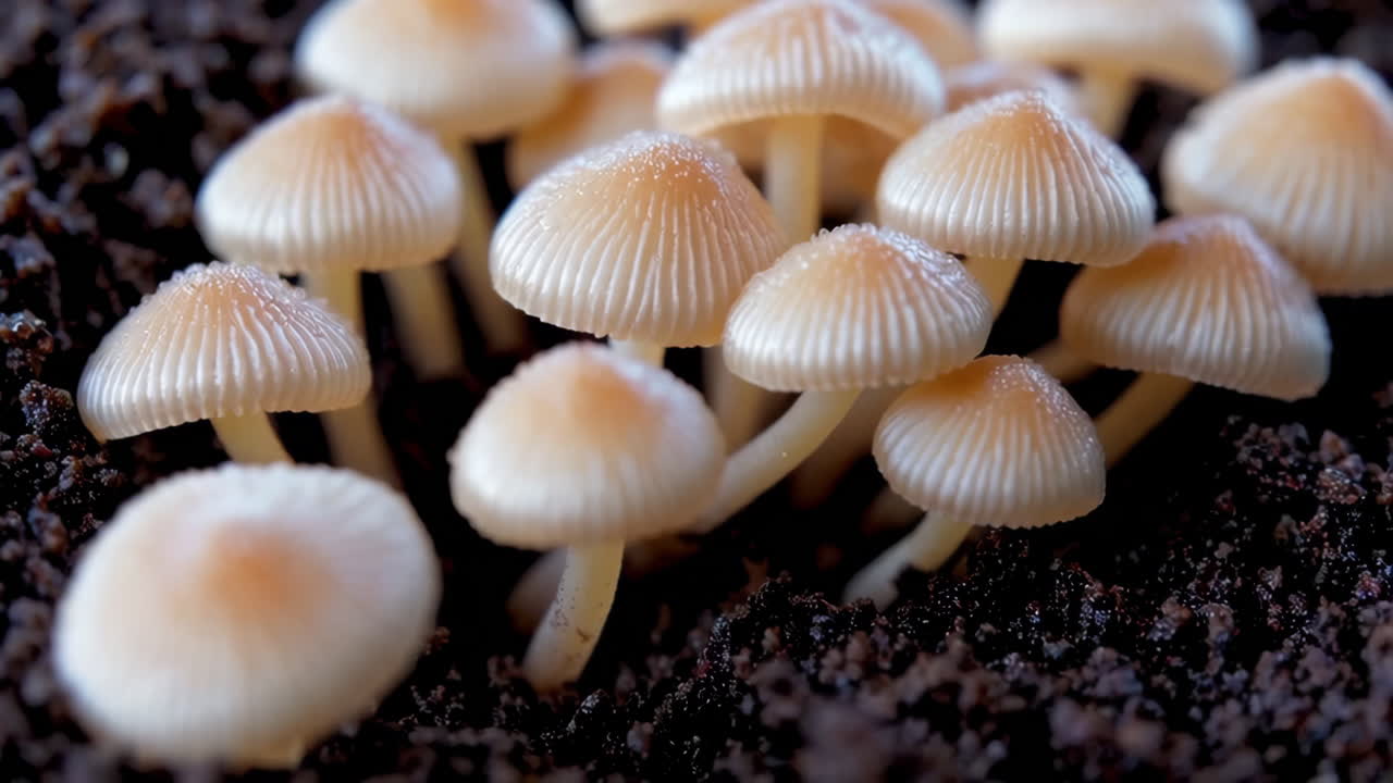 Cluster of Small Mushrooms Growing in Dark Soil
