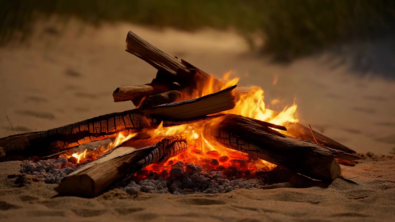 Fiamme arancioni si alzano e si muovono tra tronchi anneriti mentre braci rosse ardono sotto, con sabbia chiara che circonda il fuoco e una morbida vegetazione sfocata che incornicia la calda scena all'aperto.
