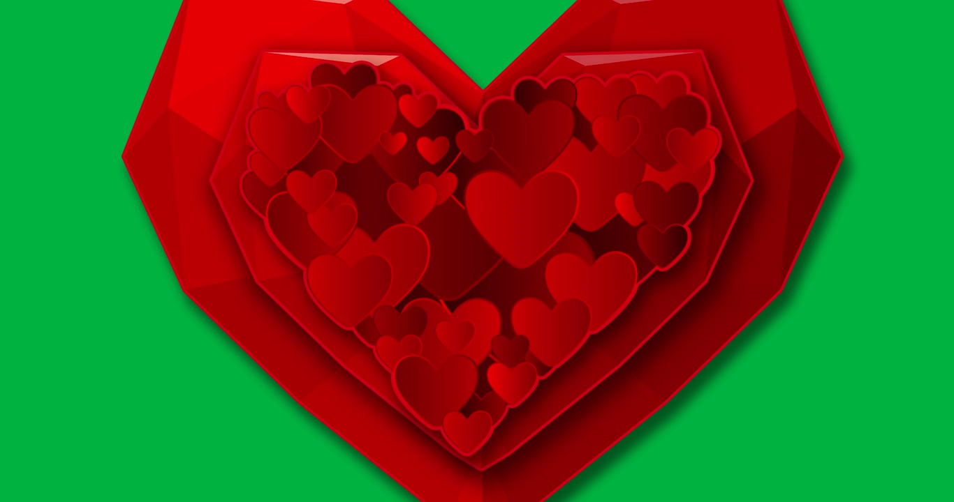 Caricamento di cuori rossi che formano un guscio sfaccettato, acquisendo lucentezza e trasformandosi in un logo a forma di cuore su tela trasparente