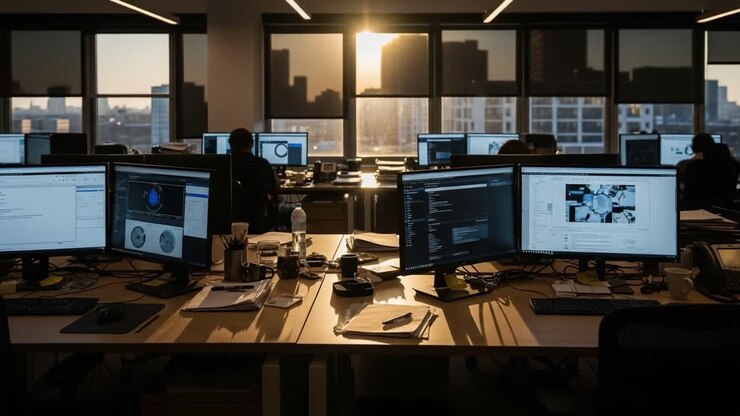 Een zonsondergang boven een kantooromgeving: de overgang van dag naar avond vastleggen in een technologisch uitgeruste werkplek vol met monitoren en collaboratieve energie.