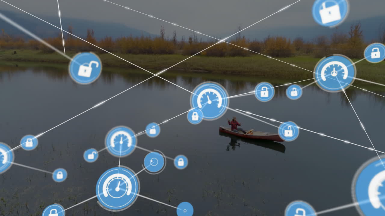 Network of connections and data processing animation over person canoeing on lake