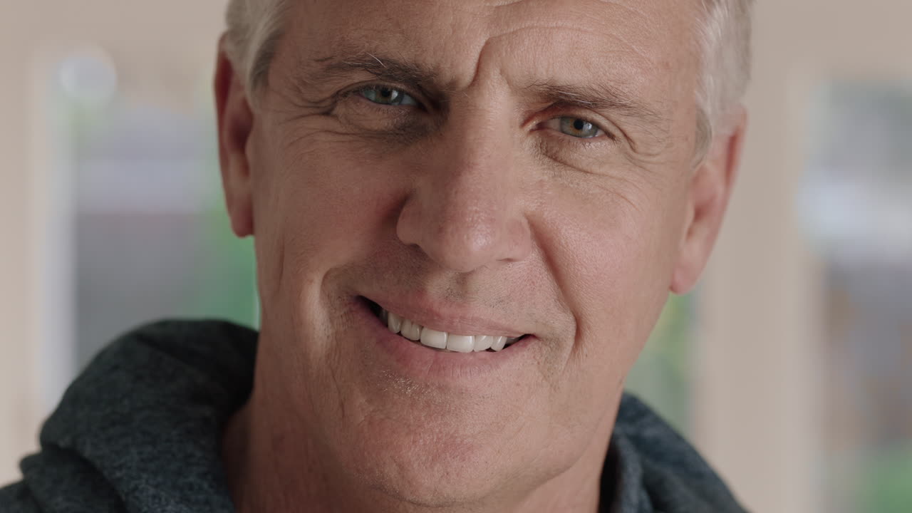 portrait happy mature man smiling confident middle aged male enjoying successful retirement feeling positive at home 4k footage
