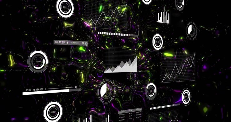 Data widgets floating in 3D tech space, nebula emerging and causing charts drawing, showing trends