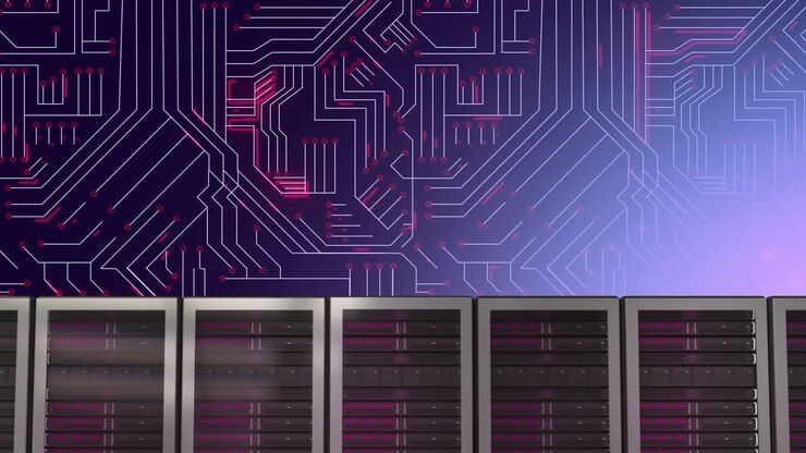 Computer servers on circuit board on purple background