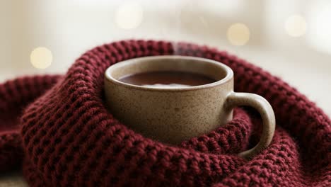 cozy moments: a warm cup of hot beverage wrapped in a textured knit blanket on a soft background, perfect for relaxation and comfort in any season