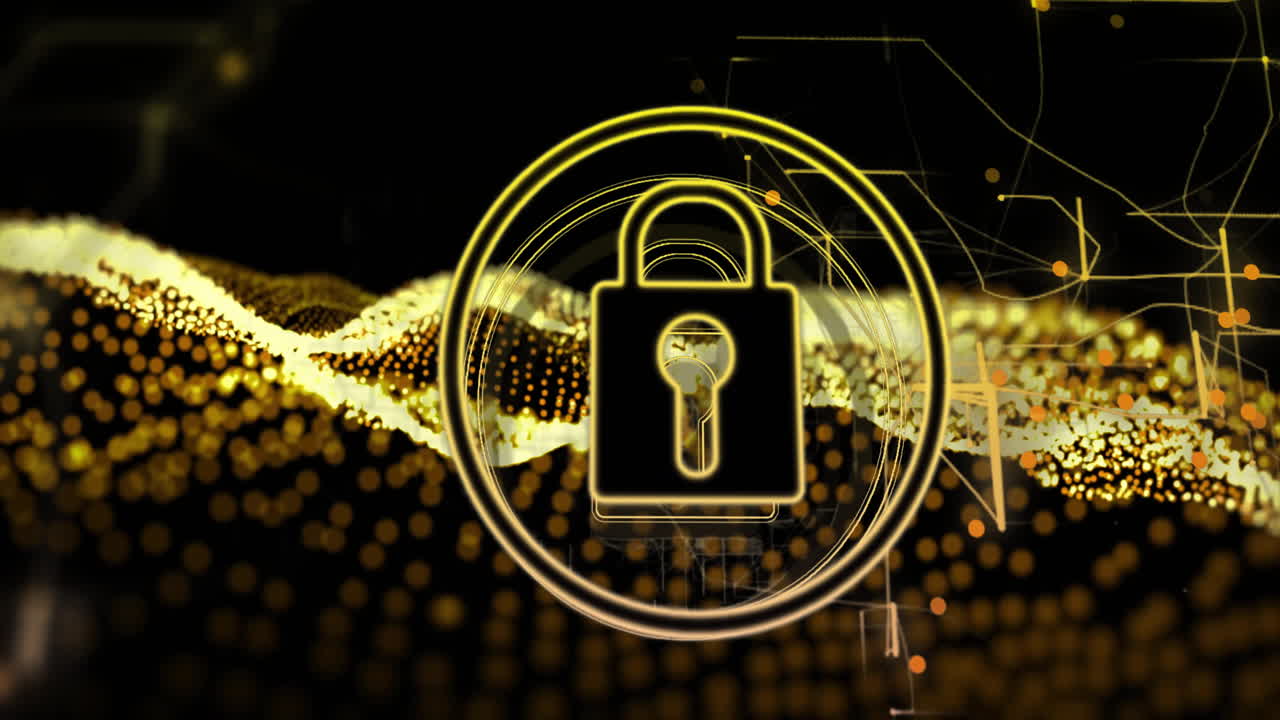 Lock symbol animation over digital landscape with golden particles