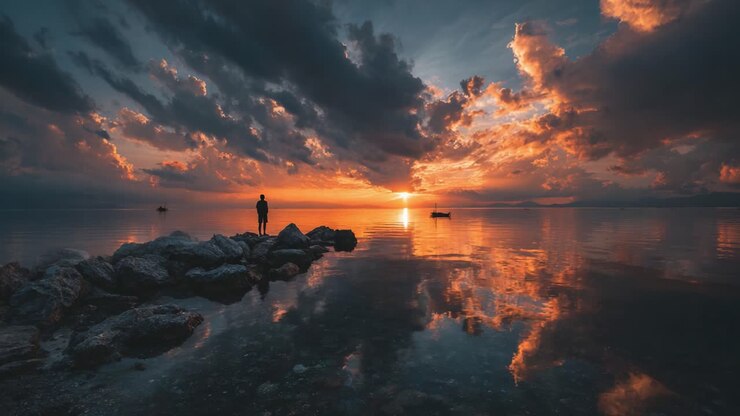 Tramonto incantevole su acque tranquille: una figura solitaria che riflette tra colori vivaci e cieli specchiati in un sereno paesaggio costiero