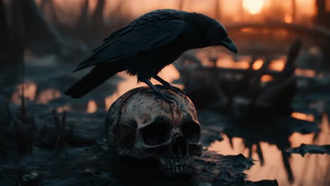 raven on skull in a swampy sunset