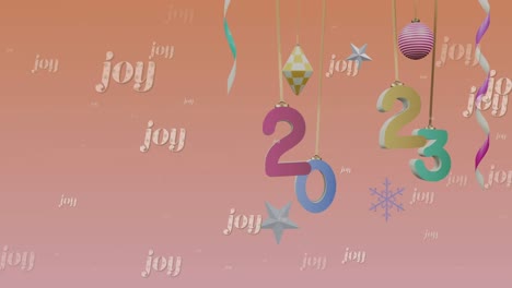 animation of joy text over 2023 text and decorations on orange background