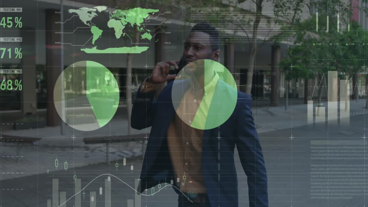 animación de gráficos y estadísticas sobre un hombre hablando en un teléfono inteligente
