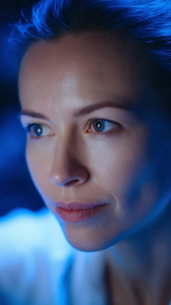 Captivating Close-Up Portrait of a Woman with Blue Lighting and Subtle Expressions, Showcasing Emotions and Serenity in a Unique Visual Style