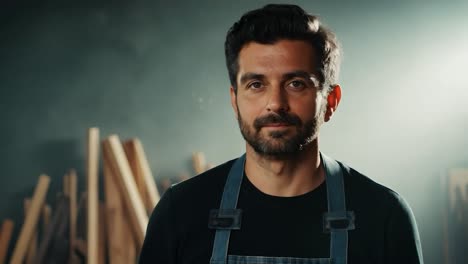 a portrait of a carpenter in his workshop.