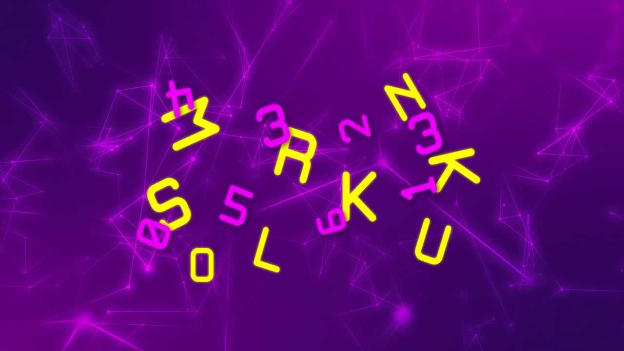 Floating colorful letters and numbers over digital network background in animation