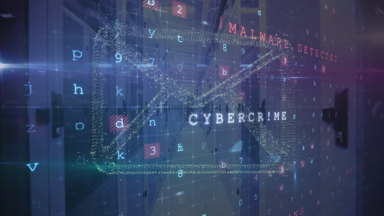 바이러스 경고 및 컴퓨터 서버를 통해 디지털 데이터 처리의 애니메이션