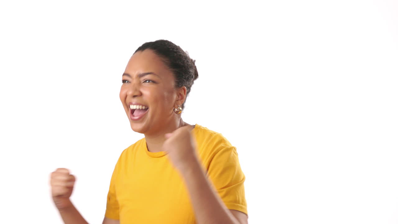 Woman, fist pump and winning with cheers