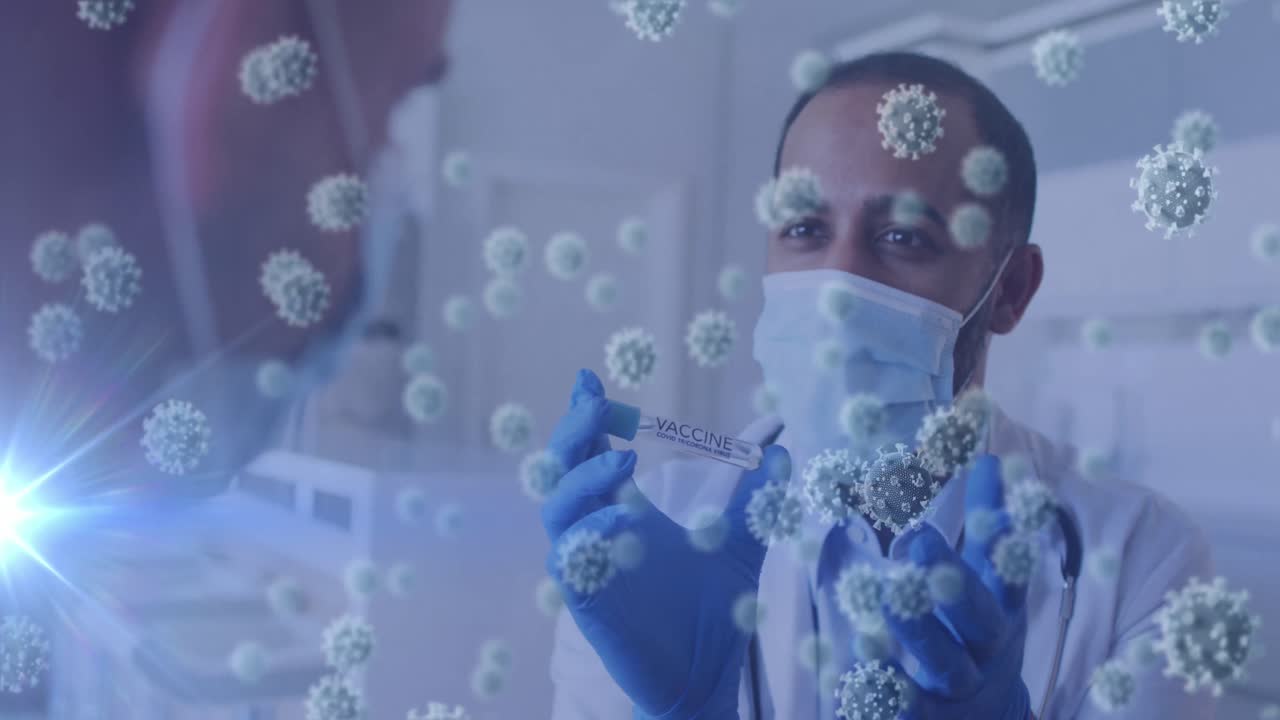Animación de médico birracial con vacuna y células de virus