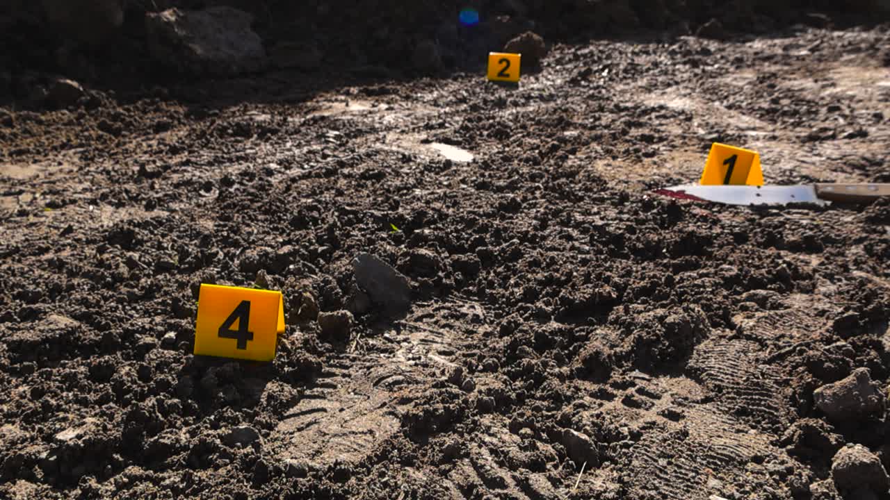 Penanda bukti tempat kejadian perkara bernomor forensik investigasi polisi berwarna kuning di samping pisau dapur berdarah, jejak kaki, dan jejak ban di jalan berlumpur cokelat dan basah selama hari musim panas yang cerah