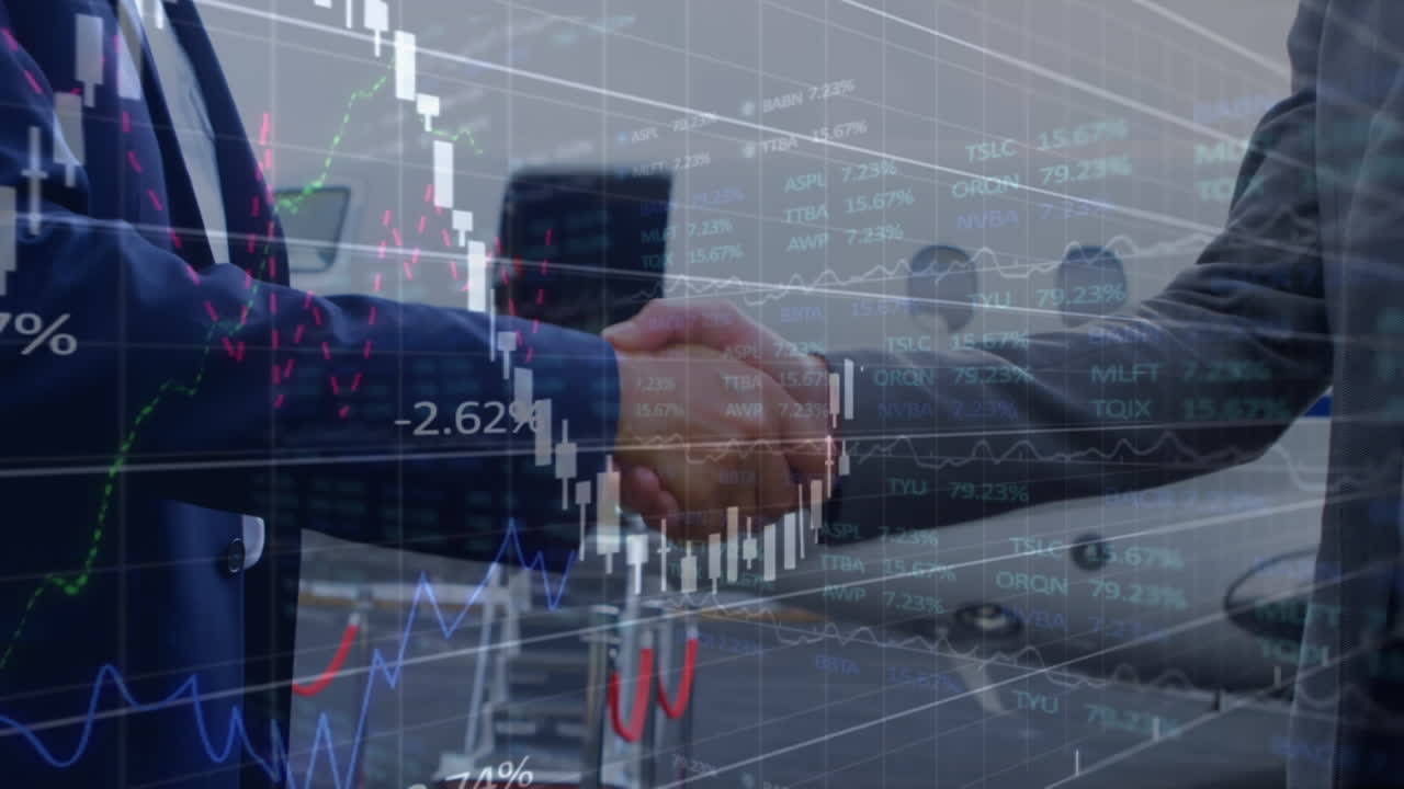 ビジネスマンの握手による金融データ処理のアニメーション