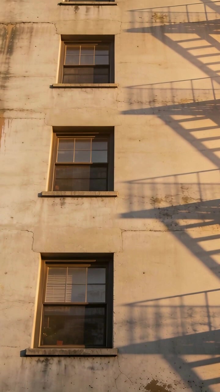 Video verticale: ripresa dal basso che rivela finestre sovrapposte su una facciata, il sole sposta l'ombra della scala antincendio