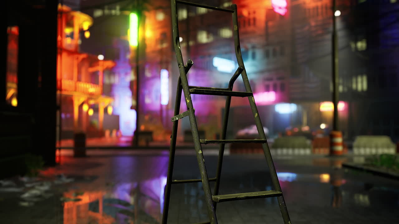 Urban nighttime setting with vibrant lights and a lone ladder