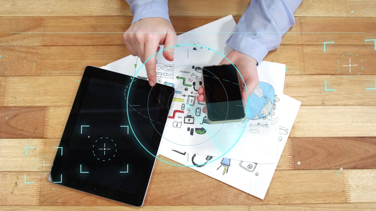 Initial tap starting hands tapping smartphone, swiping, HUD rotating toward tablet, completing scan