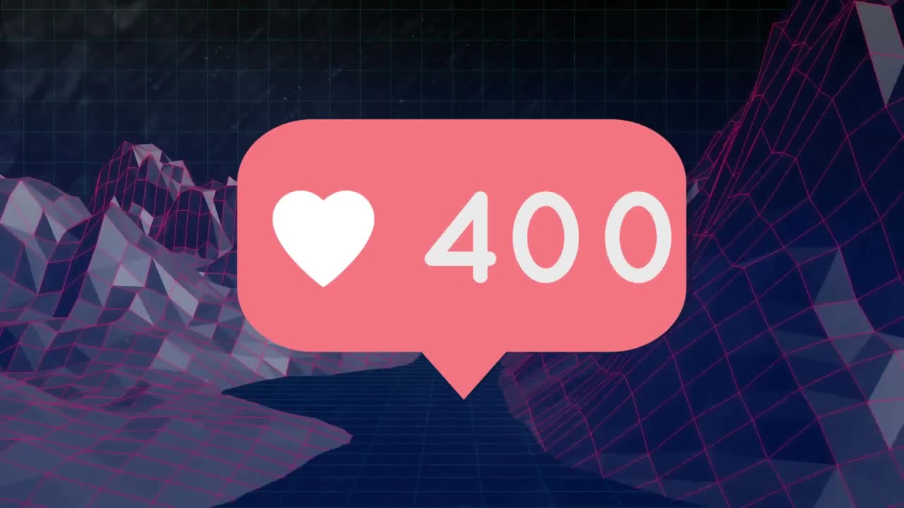 Icona a forma di cuore con numeri su una nuvoletta di dialogo, contro strutture 3D su sfondo nero.