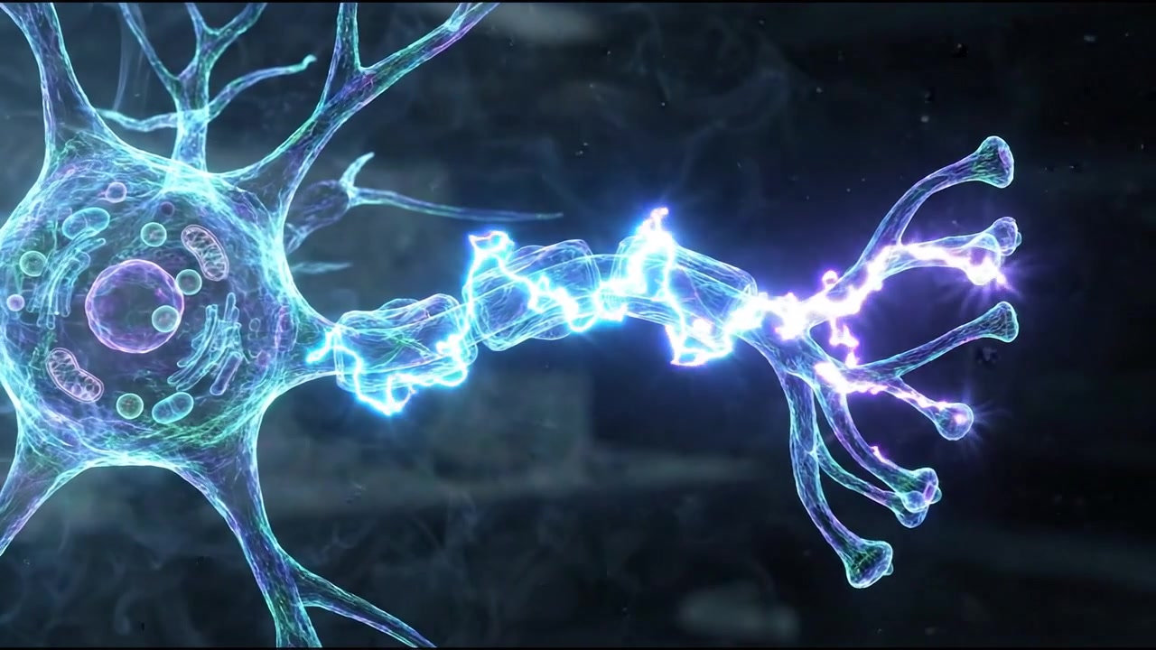 Microscopic view of glowing blue neuron cell with dendrites 3D