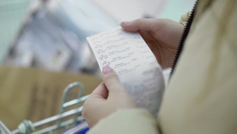 the buyer holds a purchase receipt in his hands, checks purchases and prices