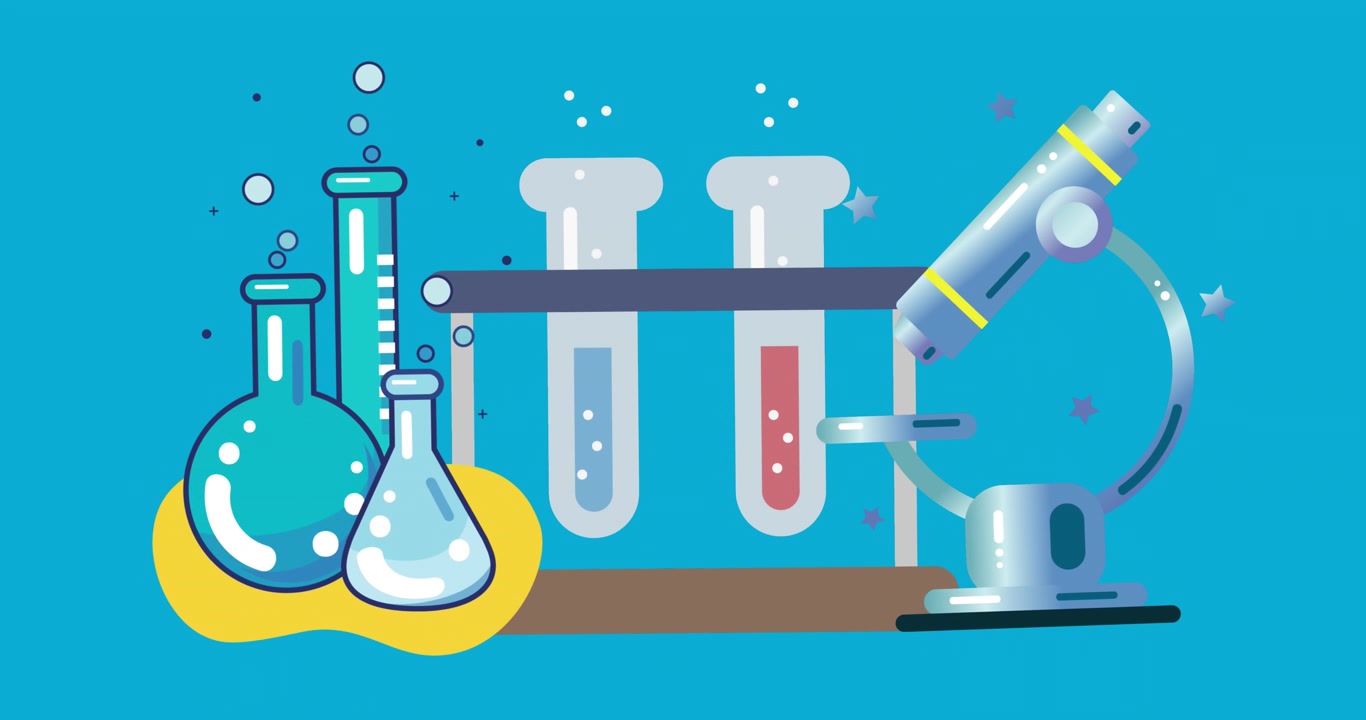 Animation of school science beakers and microscope over blue background