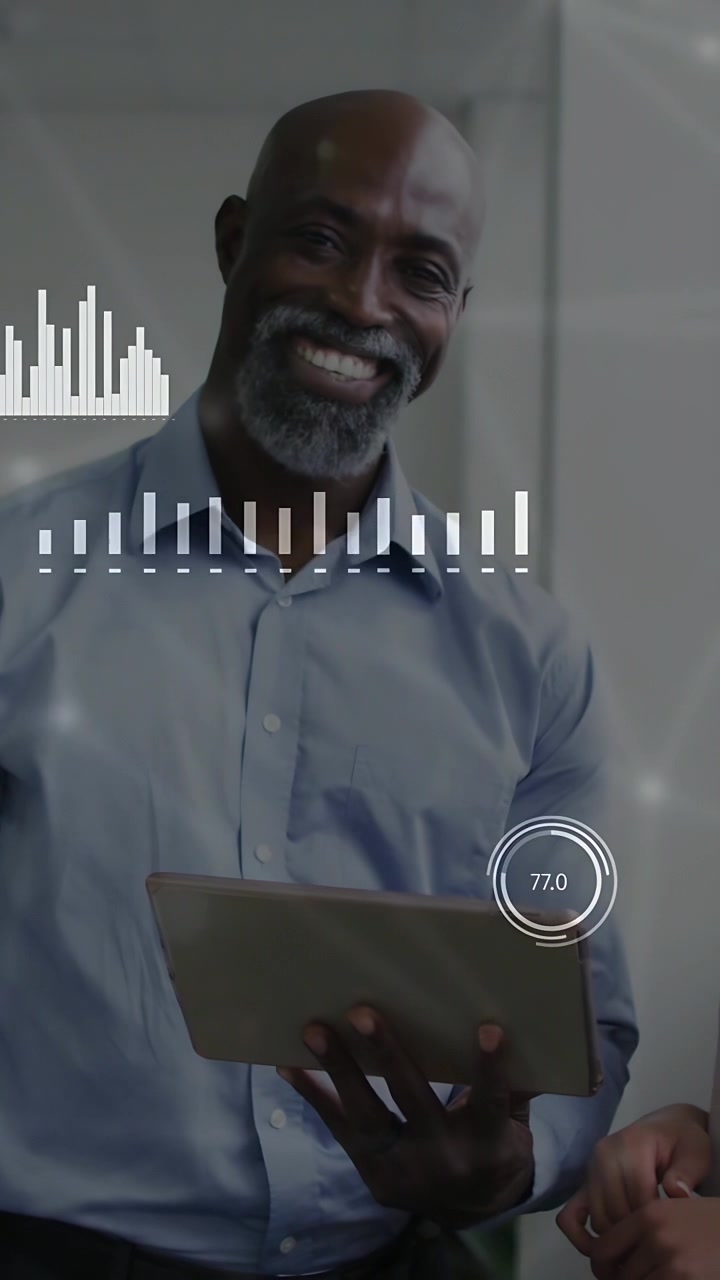 Vertical video: Man shifting tablet in office causing varying charts and meter for biz data review