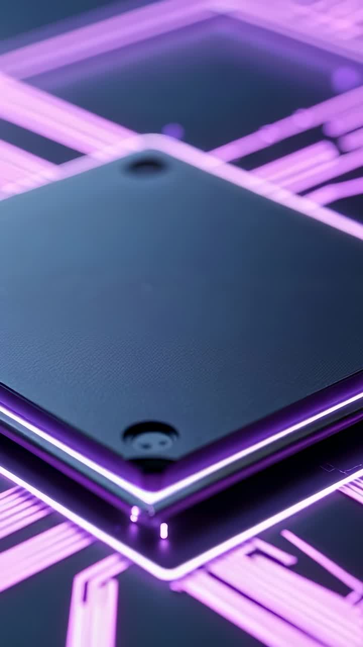 Vertical video: Opening shot tilting microchip on circuit board, showing pulsing neon purple traces