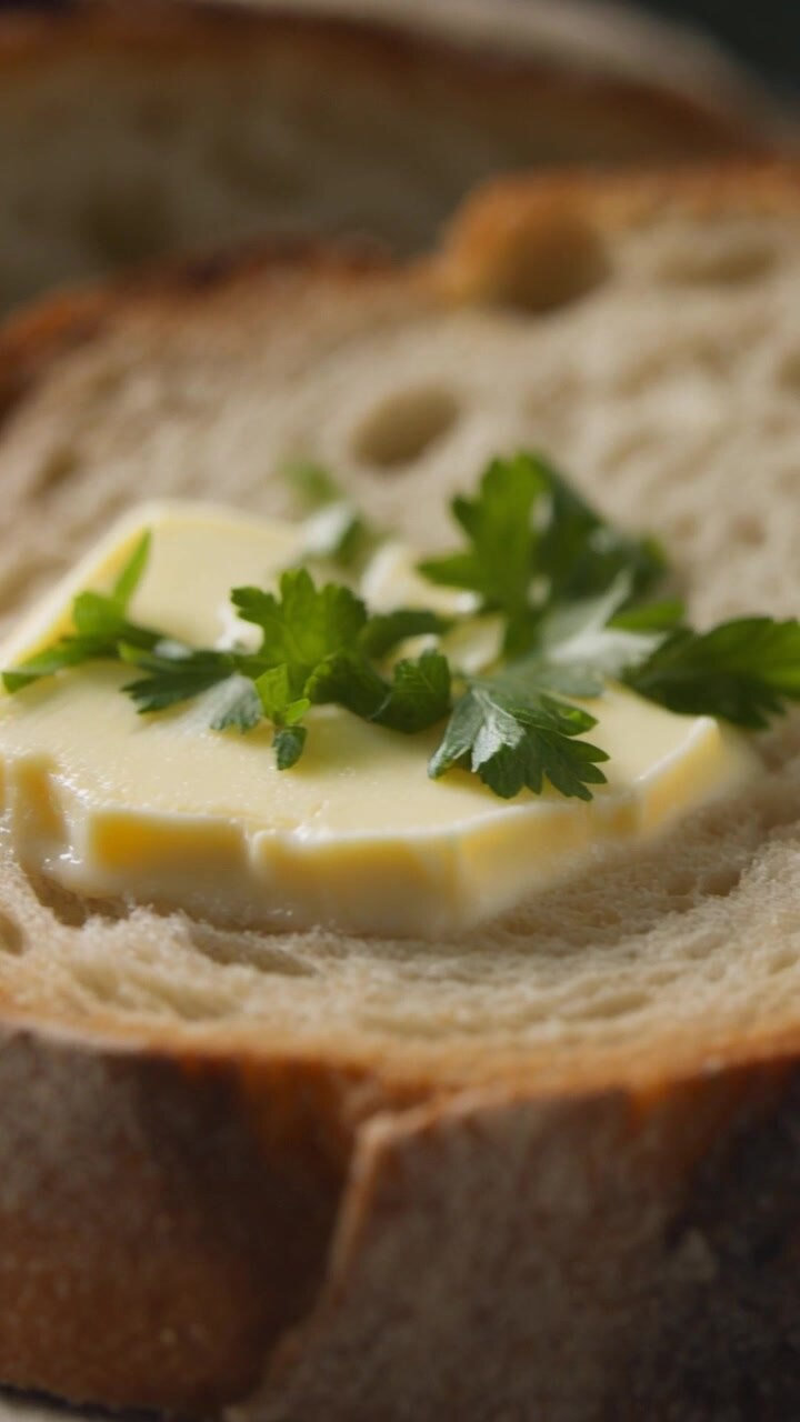 Slice of Fresh Sourdough Bread with Butter and Parsley