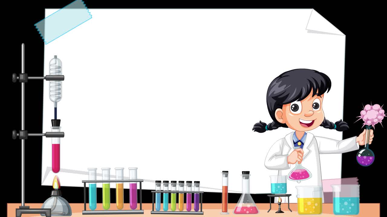 Cartoon girl in lab coat performs a colorful chemistry experiment at a science lab bench, with glassware and blank paper for text, on a black background
