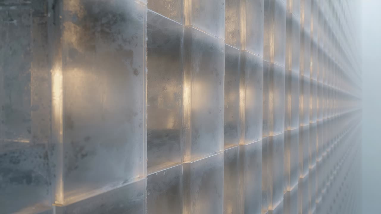 Panning camera revealing frosted glass block wall along foggy hall, showing warm light pattern