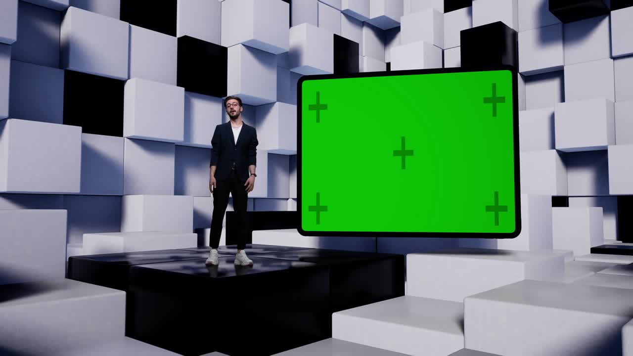 백색과 검은색 큐브를 가진 가상 스튜디오 뉴스에서 tv 진행자.